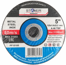 Tarcza do cięcia metalu, stali i INOX Stoner 125 x 1,0 x 22,2 mm A46 TBF – widok z przodu